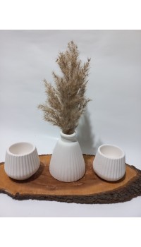 PAMPAS VAZOLU TABAKLI İKİLİ TEALİGHT MUMLUK SET BEYAZ