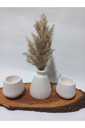 PAMPAS VAZOLU TABAKLI İKİLİ TEALİGHT MUMLUK SET BEYAZ