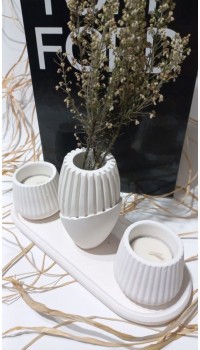 PAMPAS VAZOLU TABAKLI İKİLİ TEALİGHT MUMLUK SET BEYAZ