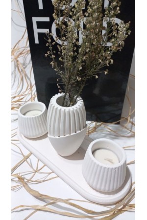 PAMPAS VAZOLU TABAKLI İKİLİ TEALİGHT MUMLUK SET BEYAZ