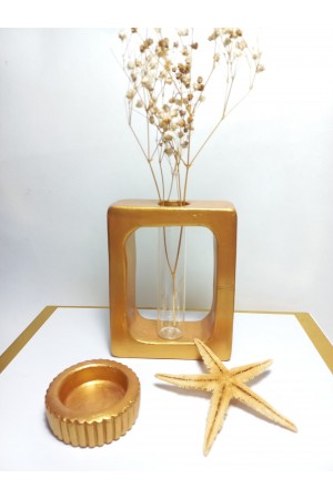 Kuru Çiçeklik Vazo, Antiquity Gold (Dikdörtgen Model ) Cam Tüplü Dekoratif Vazo