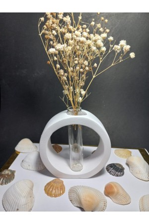 Dekoratif Vazo, Cam Tüplü,  ( Yuvarlak Model ) Beyaz