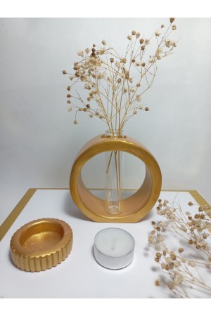 Dekoratif Vazo, Cam Tüplü,  ( Yuvarlak Model ) Antiquity Gold