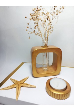 Minimal Vazo, Cam Tüplü ( Kare Model ) Dekoratif Antiquity Gold Vazo