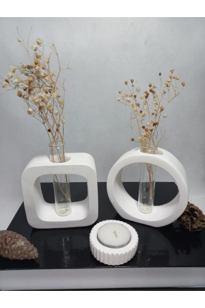 Beyaz Masaüstü Minimal 2'li Vazo Seti, Yuvarlak-Kare Formlu, Cam Tüplü Vazo