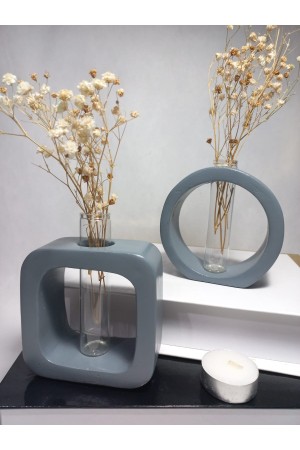 Gri Masaüstü Minimal 2'li Vazo Seti, Yuvarlak-Kare Formlu, Cam Tüplü Vazo