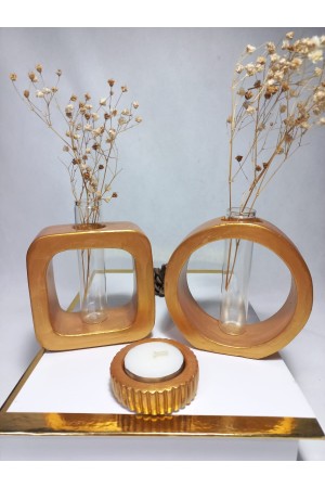 Antiquity Gold Masaüstü Minimal 2'li Vazo Seti, Yuvarlak-Kare Formlu, Cam Tüplü Vazo