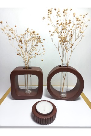 Chocolate Kahve Masaüstü Minimal 2'li Vazo Seti, Yuvarlak-Kare Formlu, Cam Tüplü Vazo