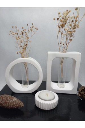 Dikdörtgen-Yuvarlak Formlu, Cam Tüplü, 2'li Dekoratif Vazo Set Beyaz