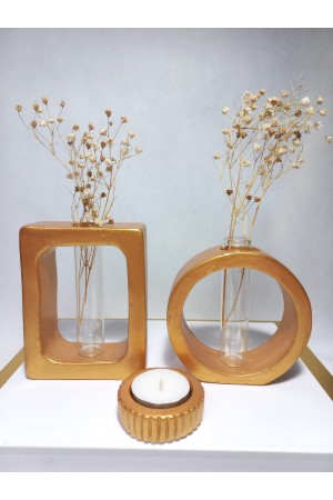 Dikdörtgen-Yuvarlak Formlu, Cam Tüplü, 2'li Dekoratif Vazo Set  Antiquity Gold