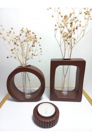Dikdörtgen-Yuvarlak Formlu, Cam Tüplü, 2'li Dekoratif Vazo Set Chocolate Kahve