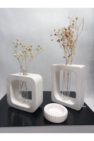 Beyaz Vazo Set 2'li ,Kare-Dikdörtgen Formlu, Dekoratif Cam Tüplü, Kuru Çiçek Vazosu