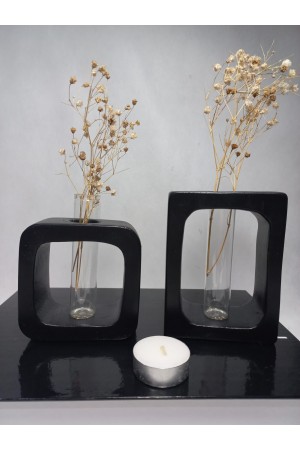 Siyah Vazo Set 2'li, Kare-Dikdörtgen Formlu, Dekoratif Cam Tüplü, Kuru Çiçek Vazosu
