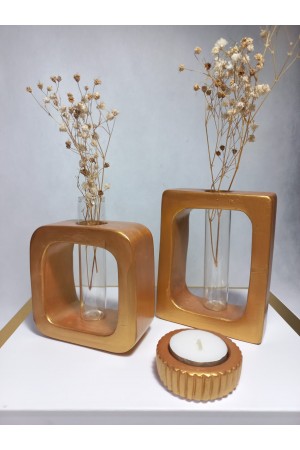 Antiquity Gold Vazo Set 2'li, Kare-Dikdörtgen Formlu, Dekoratif Cam Tüplü, Kuru Çiçek Vazosu
