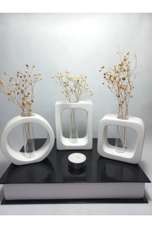 Modern Sanat Esintili, Dikdörtgen-Kare-Yuvarlak Formlu, Cam Tüplü Dekoratif 3'lü Vazo Set Beyaz
