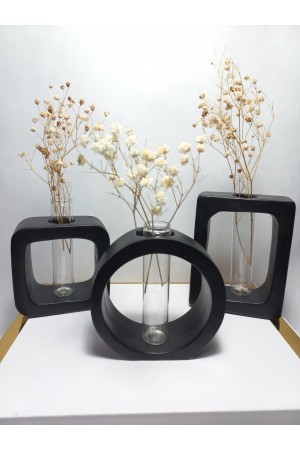 Modern Sanat Esintili, Dikdörtgen-Kare-Yuvarlak Formlu, Cam Tüplü Dekoratif 3'lü Vazo Set Siyah