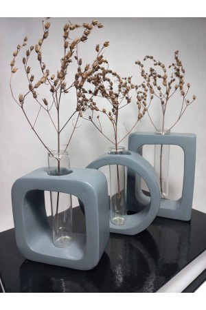 Modern Sanat Esintili, Dikdörtgen-Kare-Yuvarlak Formlu, Cam Tüplü Dekoratif 3'lü Vazo Set Gri