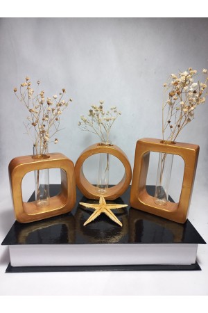 Modern Sanat Esintili, Dikdörtgen-Kare-Yuvarlak Formlu, Cam Tüplü Dekoratif 3'lü Vazo Set Antiquity Gold