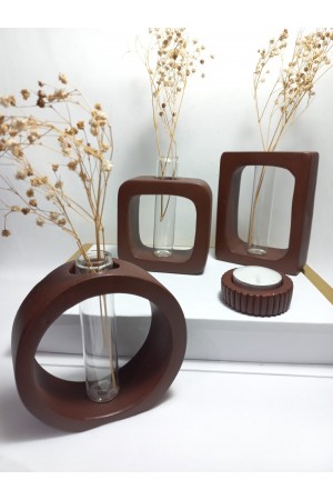 Modern Sanat Esintili, Dikdörtgen-Kare-Yuvarlak Formlu, Cam Tüplü Dekoratif 3'lü Vazo Set Chocolate Kahve