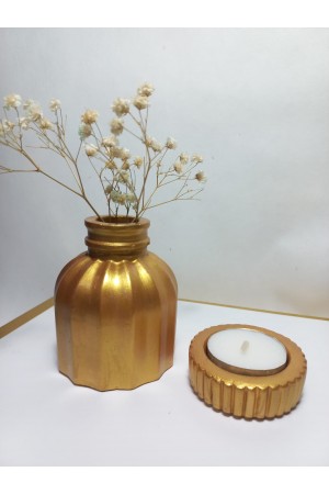 İnce Çizgili Vazo -  Modern & Minimal Dekoratif Obje, Salon ve Ofis Çiçeklik, Antiquity Gold