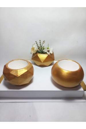Dekoratif  Antiquity Gold Saksı 3'lü Set - Kaktüs/Sukulent Saksısı,Çiçeklik Seti