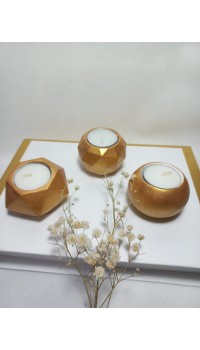Geometrik Desenli  Antiquity Gold 3'lü Mumluk Set, Dekoratif Masa Sehpa Üstü Aksesuar