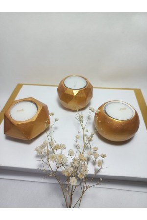 Geometrik Desenli  Antiquity Gold 3'lü Mumluk Set, Dekoratif Masa Sehpa Üstü Aksesuar