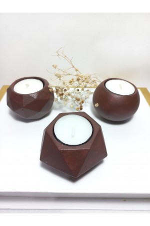 Geometrik Desenli Chocolate Kahve 3'lü Mumluk Set, Dekoratif Masa Sehpa Üstü Aksesuar