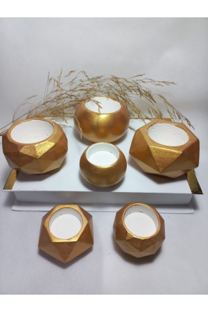 Antik Gold Ev ve Ofis Aksesuarı Sukulent/Kaktüs Saksı, Mumluk Set Dekoratif Obje 6 Parça 