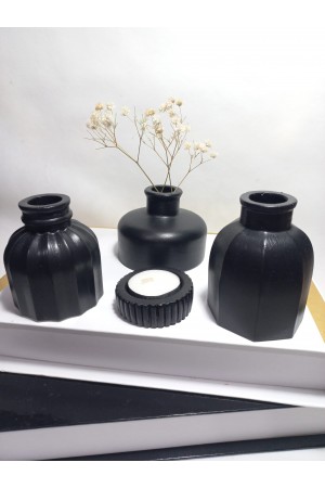 Modern Minimal Vazo Set 3'lü, Ev & Ofis Hediyelik, Dekoratif Obje, Siyah