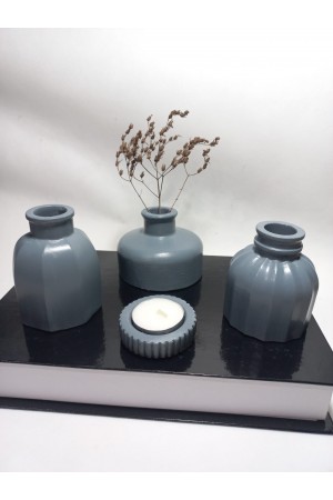 Modern Minimal Vazo Set 3'lü, Ev & Ofis Hediyelik, Dekoratif Obje, Gri