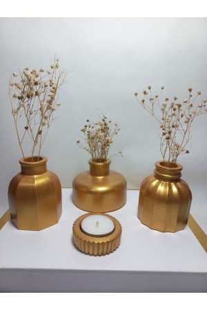 Modern Minimal Vazo Set 3'lü, Ev & Ofis Hediyelik, Dekoratif Obje, Antiquity Gold