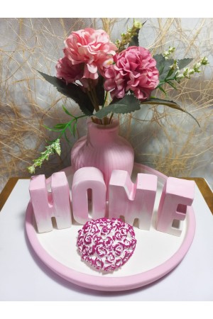 HOME Yazılı Vazolu Set Pembe-Tabak,Vazo,Kalp Obje ve Harfler