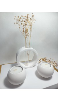 Yuvarlak Formlu Cam Tüplü Dekoratif Vazo, İkili Mumluk Set Beyaz