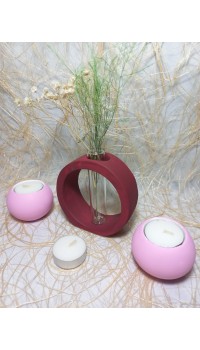 Yuvarlak Formlu Cam Tüplü Dekoratif Vazo, İkili Mumluk Set Bordo-Pembe