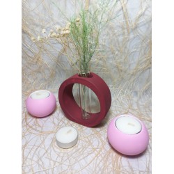 Yuvarlak Formlu Cam Tüplü Dekoratif Vazo, İkili Mumluk Set Bordo-Pembe