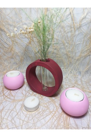Yuvarlak Formlu Cam Tüplü Dekoratif Vazo, İkili Mumluk Set Bordo-Pembe