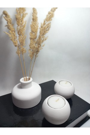 Şık Tasarım Beyaz Minimal Vazo, İkili Mumluk Set Ev&Ofis,Dekoratif Aksesuar