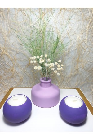 Şık Tasarım Minimal Vazo, İkili Mumluk Set Ev&Ofis,Dekoratif Aksesuar Mor-Lila