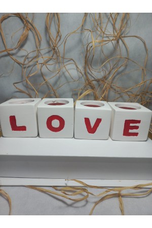  LOVE Yazılı 4'lü Dekoratif Mumluk Set Beyaz-Kırmızı