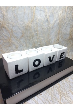  LOVE Yazılı 4'lü Dekoratif Mumluk Set Beyaz-Siyah