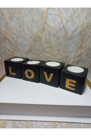  LOVE Yazılı 4'lü Dekoratif Mumluk Set Siyah-Gold