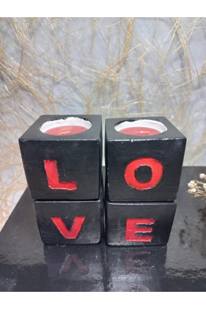  LOVE Yazılı 4'lü Dekoratif Mumluk Set Kırmızı-Siyah