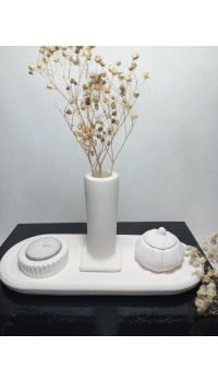 Tabaklı Sütun Vazolu, Minimal Mumluk ve Balkabağı 4 parça Set Beyaz