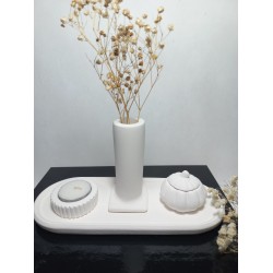 Tabaklı Sütun Vazolu, Minimal Mumluk ve Balkabağı 4 parça Set Beyaz Tabaklı Sütun Vazolu, Minimal Mumluk ve Balkabağı 4 parça Set Beyaz