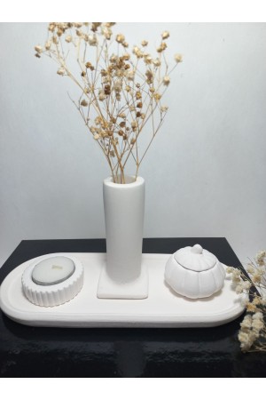 Tabaklı Sütun Vazolu, Minimal Mumluk ve Balkabağı 4 parça Set Beyaz