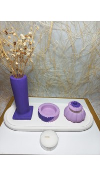Tabaklı Sütun Vazolu, Minimal Mumluk ve Balkabağı 4 parça Set Mor-Lila