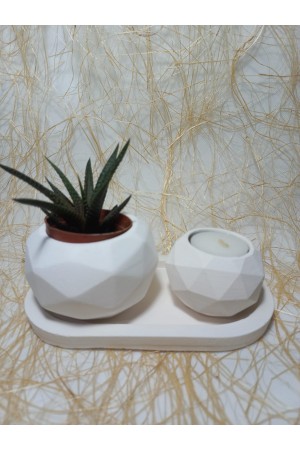 Geometrik Desenli Tabaklı Sukulent Saksı ve Mumluk Set, Masa Sehpa Üstü Dekoratif Obje Beyaz