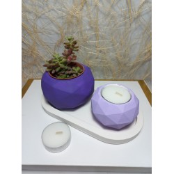 Geometrik Desenli Tabaklı Sukulent Saksı ve Mumluk Set, Masa Sehpa Üstü Dekoratif Obje Mor-Lila