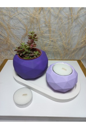 Geometrik Desenli Tabaklı Sukulent Saksı ve Mumluk Set, Masa Sehpa Üstü Dekoratif Obje Mor-Lila